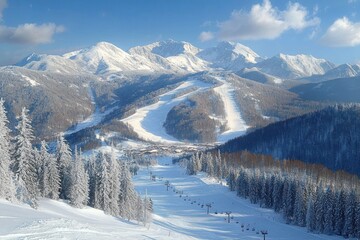 Winter Ski Resort in Bukovel Ukraine Snowy Mountain Landscape with Ski Slopes and Pine Trees