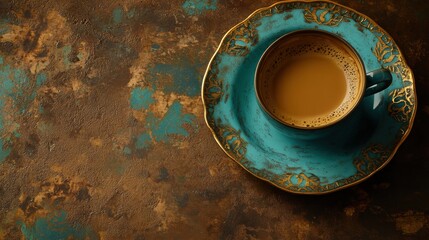 Vintage teal cup with coffee on rustic textured background perfect for cozy ambiance photography