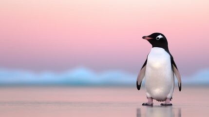 Fototapeta premium A solitary penguin stands on the beach, gazing into the soft waves, under a pastel sky at dawn