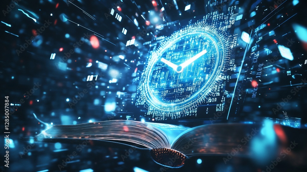 Poster digital time: a glowing clock emerges from the pages of an open book amidst abstract data