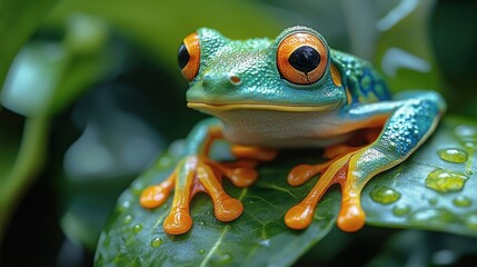 Vibrant Tree Frog on Leaf in Lush Rainforest with Dramatic Lighting and Water Droplets