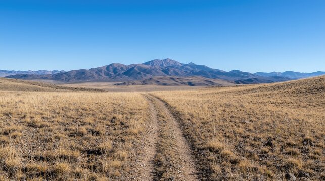 Mountain trail through arid grassland.  Vast landscape.  Possible use for nature photography