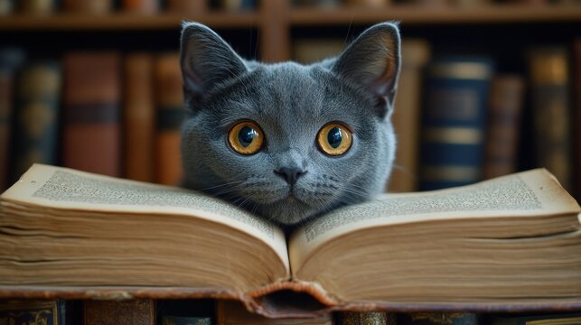 Grey cat reading book library background