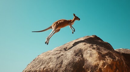 A kangaroo gracefully leaping off a rocky surface against a vibrant turquoise sky, showcasing the beauty of wildlife in its natural habitat, evoking a sense of freedom and adventure