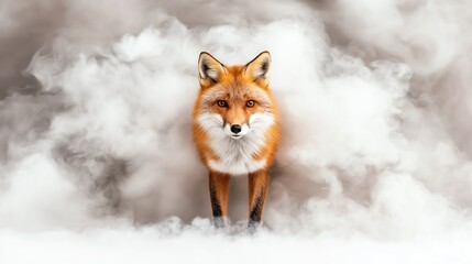 Obraz premium A striking image of a red fox emerging from soft clouds, showcasing its vibrant orange fur and sharp gaze