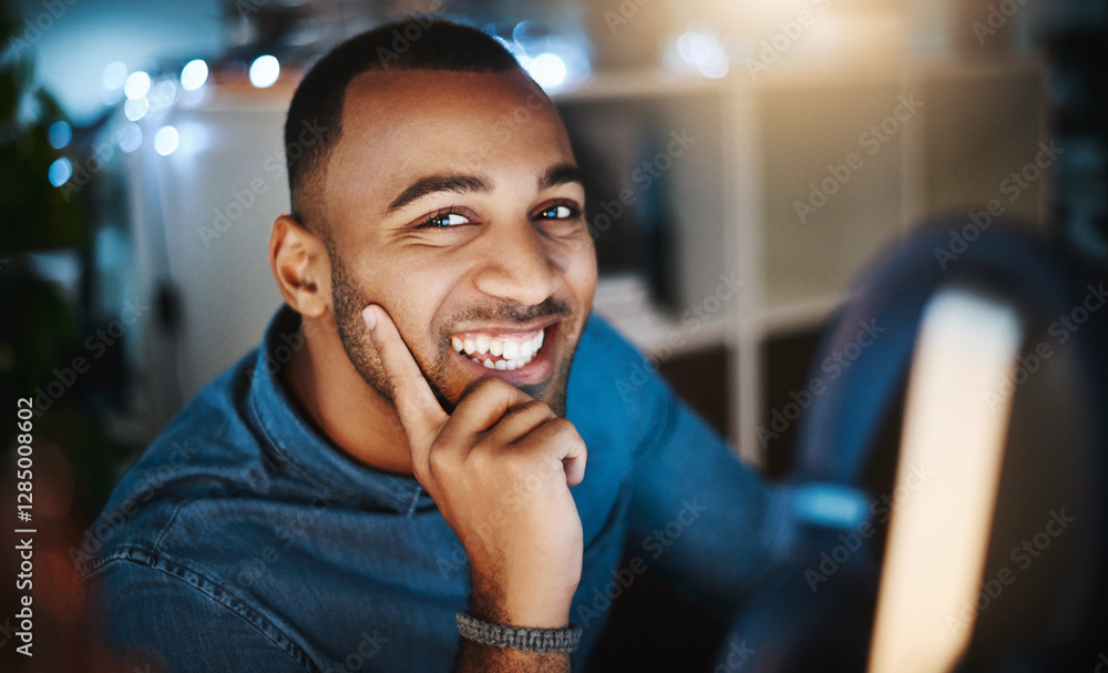 Poster Portrait, computer and man in office at night with deadline for website development with cybersecurity. Happy, technology and male it specialist with online encryption for company data protection.