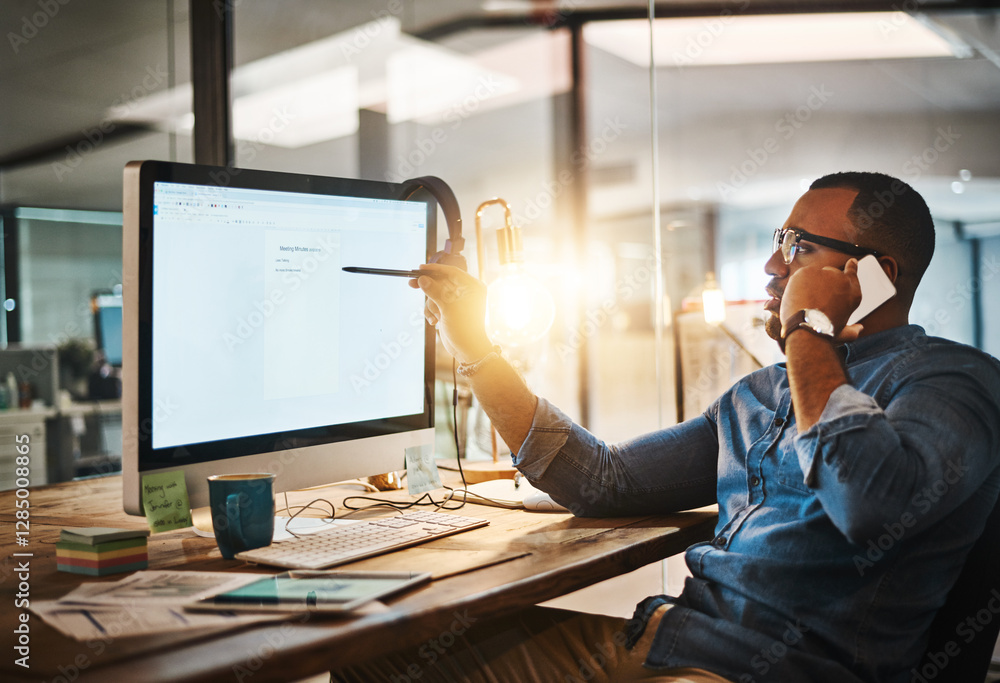 Poster business, man and phone call with computer screen in office for meeting minutes, calendar deadline a
