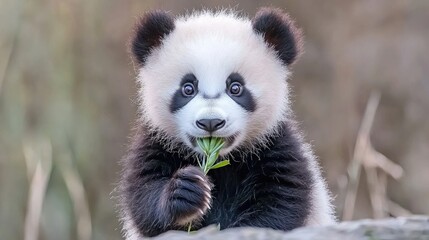 Cute panda cub eating leaves