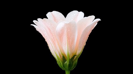 Close-up of a delicate, light pink flower with water droplets.  Possible use  Botanical imagery