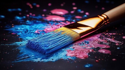 Obraz premium Colorful Paintbrush with Vibrant Paint on Dark Surface in Dreamy Atmosphere