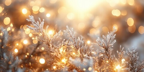 Fototapeta premium Frosted Evergreen Branches Sparkling with Warm Lights Soft Golden Bokeh Winter Scene Seasonal Background
