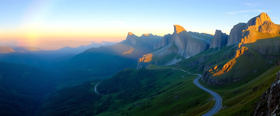 Breathtaking Sunrise Over Majestic Dolomites Mountains Winding Road Scenic View