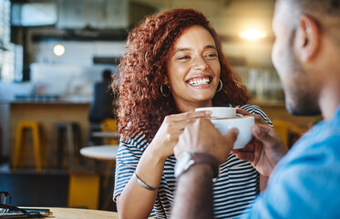 Coffee, happy and woman on date in cafe for morning catch up together with bonding. Love, conversation and female person with man drinking cappuccino for romance connection in restaurant diner.