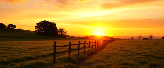 Beautiful Sunset Over Rolling Green Fields with Wooden Fence