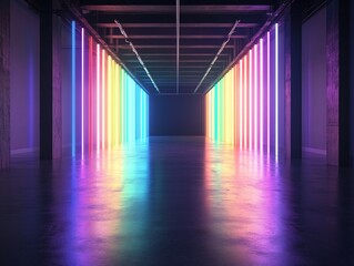 Rainbow Neon Lights in Industrial Interior Space
