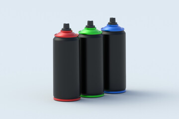 Row of cans of spray paint on light gray background. Blank aerosol tin. 3d render