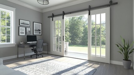 Fototapeta premium Bedroom with large sliding doors opening into a home office and entertainment space, enhancing accessibility.