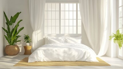 Bright and airy bedroom with an accessible bed, featuring a sturdy frame and soft bedding.