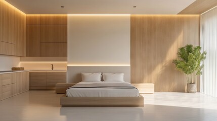 Bright bedroom adjacent to a kitchen and lounge, featuring wide walkways and minimal furniture for easy movement.