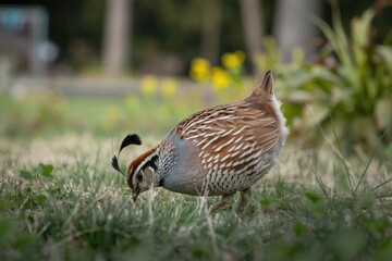 Detailed Portrait of a California Quail Foraging in Grass, Sharp Focus, Soft Background, Natural Light, Brown, Grey, Black, Green and Yellow Hues