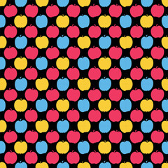 AdobApple Print. Seamless Memphis Fruit Pattern with Blue, Red, Yellow Apples on Black Background. Sample can be used for Fabric, Cover, Mugs, Wrapping Paper. Vector Illustratione Illustrator Artwork
