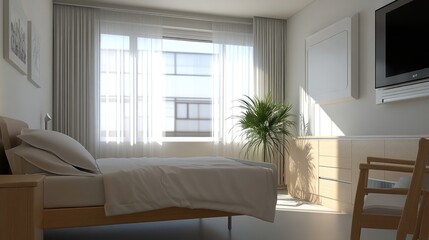 Fototapeta premium Comfortable and inviting bedroom with a thoughtfully designed bed, ensuring elderly mobility.