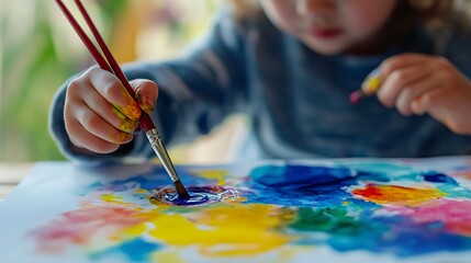 Naklejka premium Child Painting with Watercolors and Brush Creating Colorful Artwork on Paper