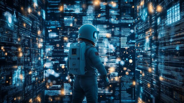 Astronaut stands amidst glowing screens and computer code