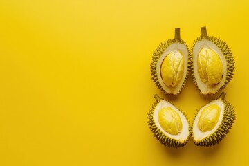 Cutting open durians to reveal creamy flesh bright yellow background food photography studio environment top-down viewpoint tropical fruit delight