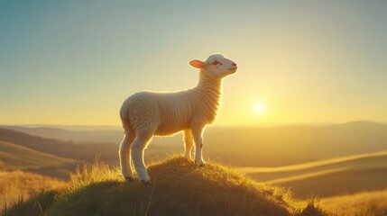 Fototapeta premium Lone lamb standing on grassy hillock at golden hour with sun setting in the background casting a warm glow over rolling hills