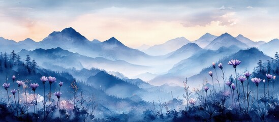 Serene Watercolor Landscape with Purple Flowers and Dusk Light