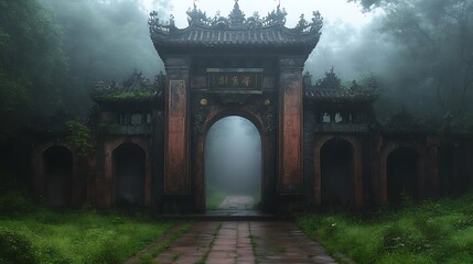 Ancient Chinese Gate Leading Into a Dark Misty Forest