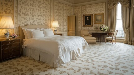 Elegant and functional bedroom with a well-anchored, safety-focused carpet.