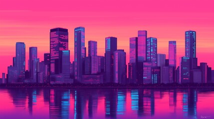 Obraz premium A vibrant city skyline at dusk, featuring modern skyscrapers reflecting in calm water. The stunning pink and purple hues create a captivating backdrop, showcasing urban beauty.
