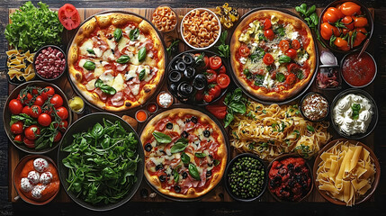 Assortment Of Italian Dishes On Wooden Board