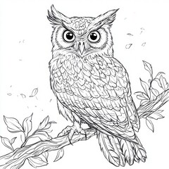Fototapeta premium Detailed Line Art of Owl Perched on Branch with Leaves