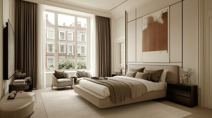 Fototapeta premium Elegant bedroom with a securely positioned, subtle-patterned carpet ensuring floor stability.