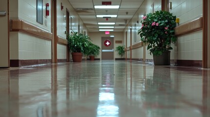 Obraz premium Hospital hallway with plants, exit sign, clean floor