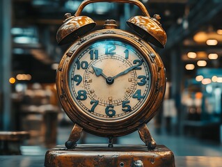 The antique clock with a brass case on a desk