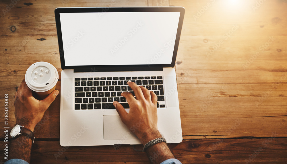 Aufkleber Mockup, hands or man on computer screen for web design for creative website and digital footprint. Top view, coffee and developer typing on keyboard for online, system update or domain registration