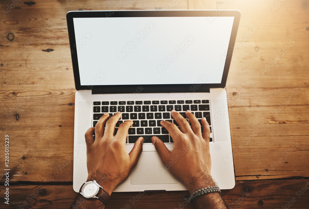 Poster above, business and man with laptop screen, hands and typing with deadline, review and connection. c