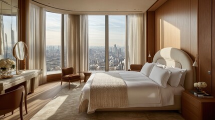 Modern bedroom with a neatly designed bed, featuring a cushioned headboard and sturdy frame.