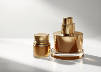 cosmetic bottle and jar mockup. Three bottles of shampoo or body oil stand next to each other in front view.