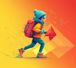 Cheerful child running with backpack and ruler to school, happy student illustration in cartoon style