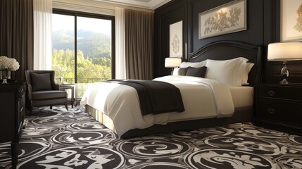 Stylish bedroom featuring a subtle-patterned, anti-slip carpet, ensuring a safe surface.