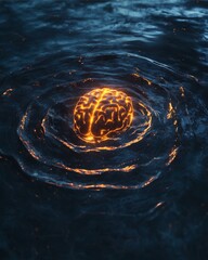 A brain-shaped figure with bright lines of light lurks on the calm surface of the water. The lights twinkle. digital aart