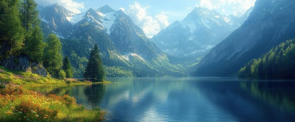 Picturesque Mountain Landscape with Blue Water Lake Reflection Surrounded by Green Forest and Clear Sky During Sunny Day