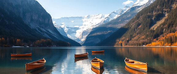 Picturesque Serenity Wooden Boats on Calm Mountain Lake Surrounded by Majestic Snow Capped Peaks in Autumn