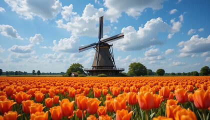 Stunning Dutch Windmill in a Vibrant Orange Tulip Field under a Sunny Sky