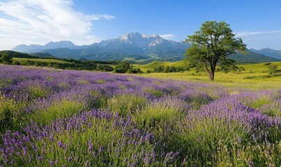 Fototapeta premium Purple Wildflower Field with Mountain View